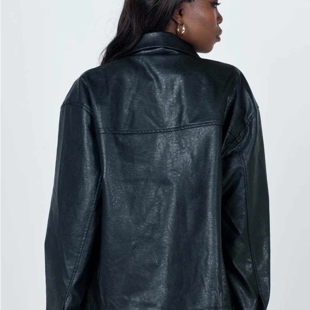 Princess Polly Black Leather Bomber Jacket with Glossy Finish - Picture 2 of 5